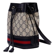 Gucci Ophidia Mini Bucket Bag GG Supreme Canvas Beige Blue Web Stripe Leather Trim Model 550260 Made in Italy