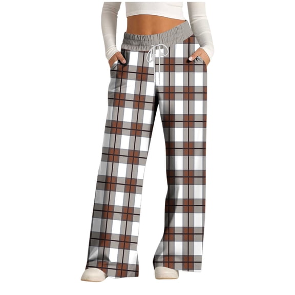 Rutainlusire Womens Trendy Plaid Printed Comfy Loose Pants 2025 Women's Fashionable Striped Printed Drawstring Wide Leg Loose Casual Pocket Pants