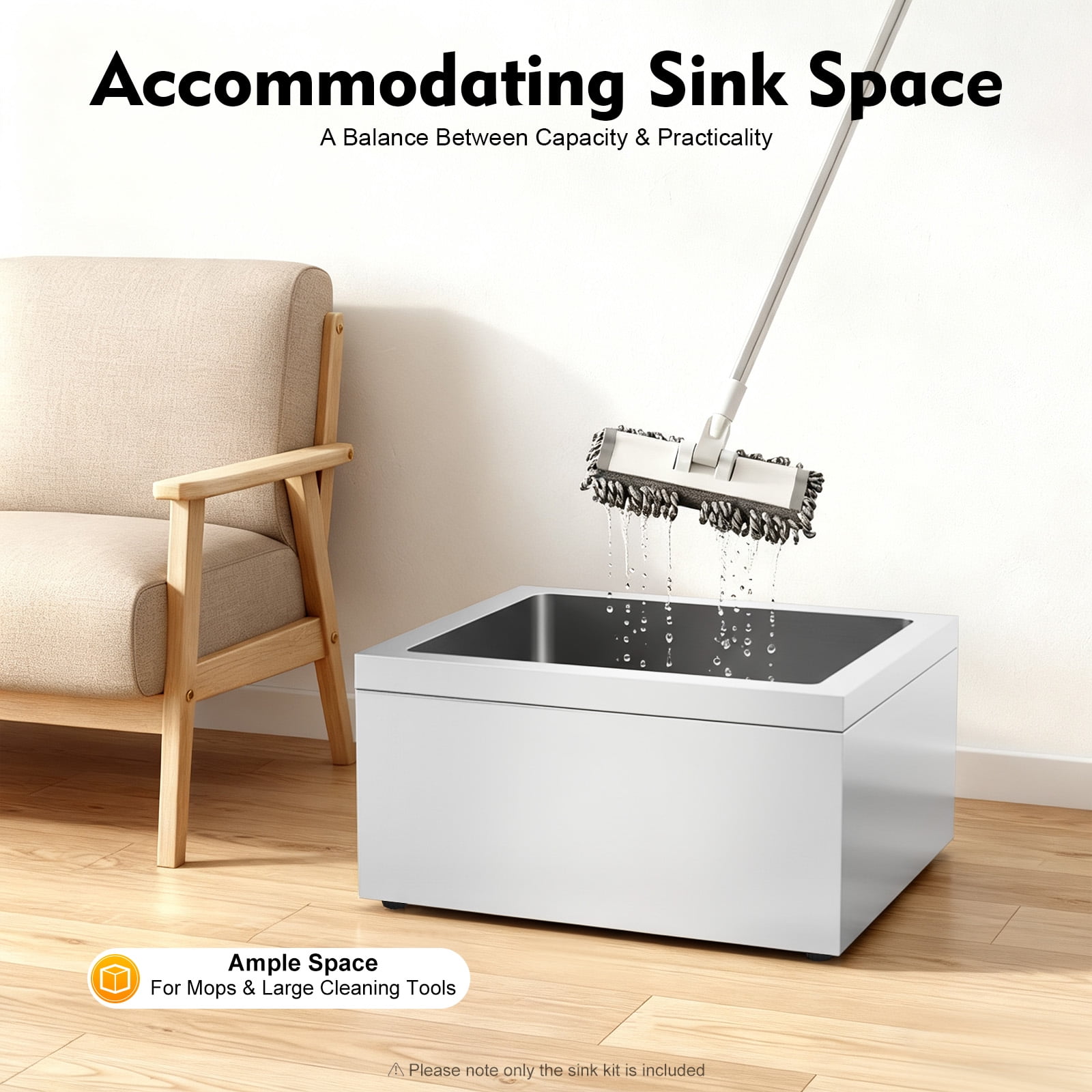 Peakora No-Splash Deep Utility Sink, 19 Inch Stainless Steel Mop Basin for Easy Washing of Pots, Pans & Cleaning Tools, Quick Drain Design