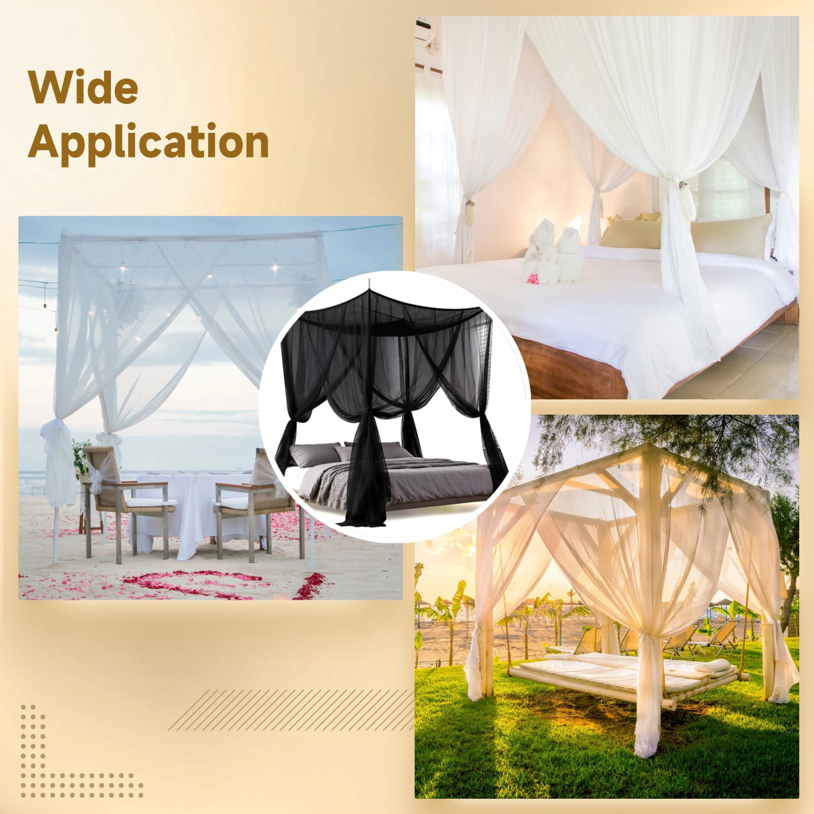 Mosquito Net for Bed, Elegant Black Bed Canopy Curtain, Four-Corner Netting with 4 Openings, Mysterious Polyester Bed Drape, Fits Full/Queen/King, 82.7 x 94.5 x 74.8"