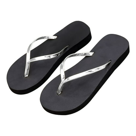 

KIJBLAE Women s Summer Beach Flip Flops Sandals Lightweight Non-Slip Wedges Platform Slippers Thong Sandals House Indoor Outdoor Shoes Silver 40