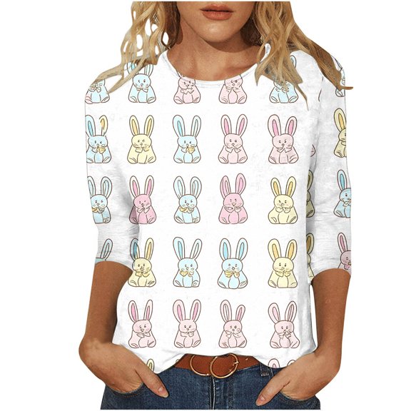 Levmjia Women's Easter Bunny T Shirt 3/4 Sleeve Crewneck Casual Loose Fit Spring Summer Top Graphic Tee Cute Rabbit Shirt
