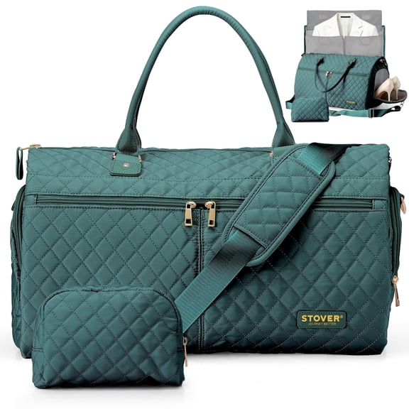 STOVER Women's Garment Travel Duffle Bag, Medium 2-in-1 Convertible Carry-on Luggage with Bonus Toiletry Bag (Emerald Green))