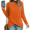 thumbnail image 2 of Olyvenn Solid Color Gifts for Womens Fall Fashion Scoop Neck Sweatshirts Oversized T Shirts Long Sleeve Front Twist Knot Pleated Shirts Trendy Clothing Dressy Tops Orange 12, 2 of 8