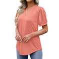 thumbnail image 5 of HUBERY Women V Neck Puff Short Sleeve Pleated Curved Hem Solid Color Top, 5 of 7