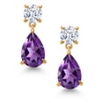 thumbnail image 2 of Gem Stone King 18K Yellow Gold Plated Silver Purple Amethyst and White Zirconia Teardrop Dangle Drop Earrings for Women (8.30 Cttw, Gemstone Birthstone, Pear Shape 12x8MM, Round 6MM), 2 of 4