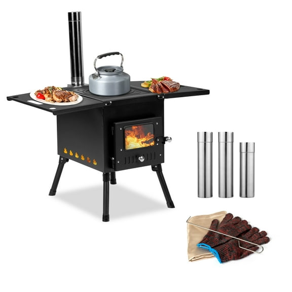 OverPatio Camp Wood Stove Wood Burning Stoves Portable with Chimney Pipes Camping Stove for Outdoor (Black)