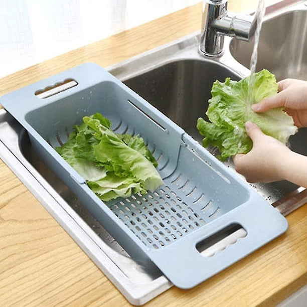 Collapsible Colander Kitchen Extendable Strainer Food Fruits Vegetables Noodle Pasta Drain Basket Space-saver Portable Drainer Over Sink, Blue