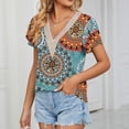 thumbnail image 2 of Whataatahia Blusa estampada de encaje de guipur Blusa de guipur de manga corta con pétalos y escote en V para mujer Azul S, 2 of 6