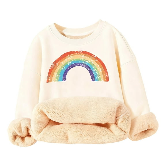 SonxaHe Toddler Girls Sweatshirt Fleece Lined Rainbow Print Long Sleeve Tshirt Child Warm Soft Cozy Winter Sweatshirts Beige,Sized 4-5