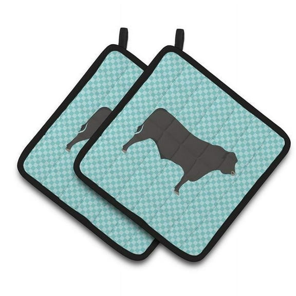 Caroline's Treasures Black Angus Cow Blue Check Pair of Pot Holders