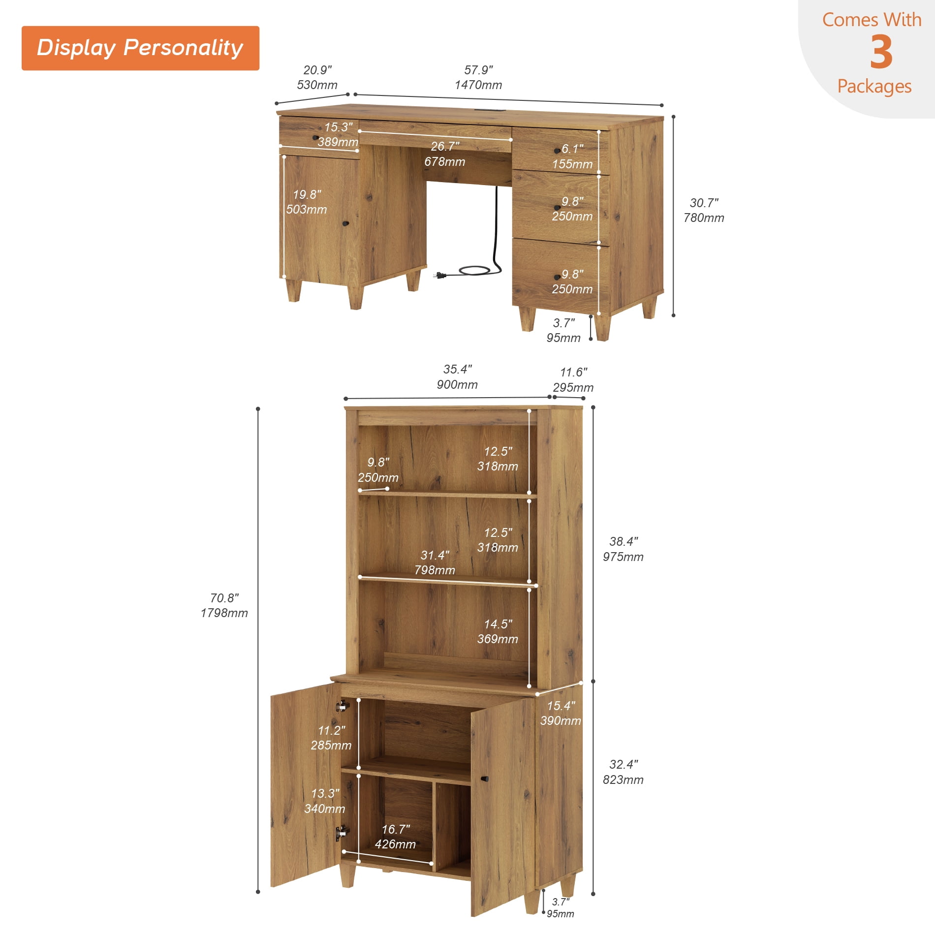 WAMPAT Home Office Furniture Set, 58" Executive Desk with Charging Station and Cabinet, 71" Tall Bookcase with Doors and Adjustable Shelves for Living Room, Dark Brown Wood