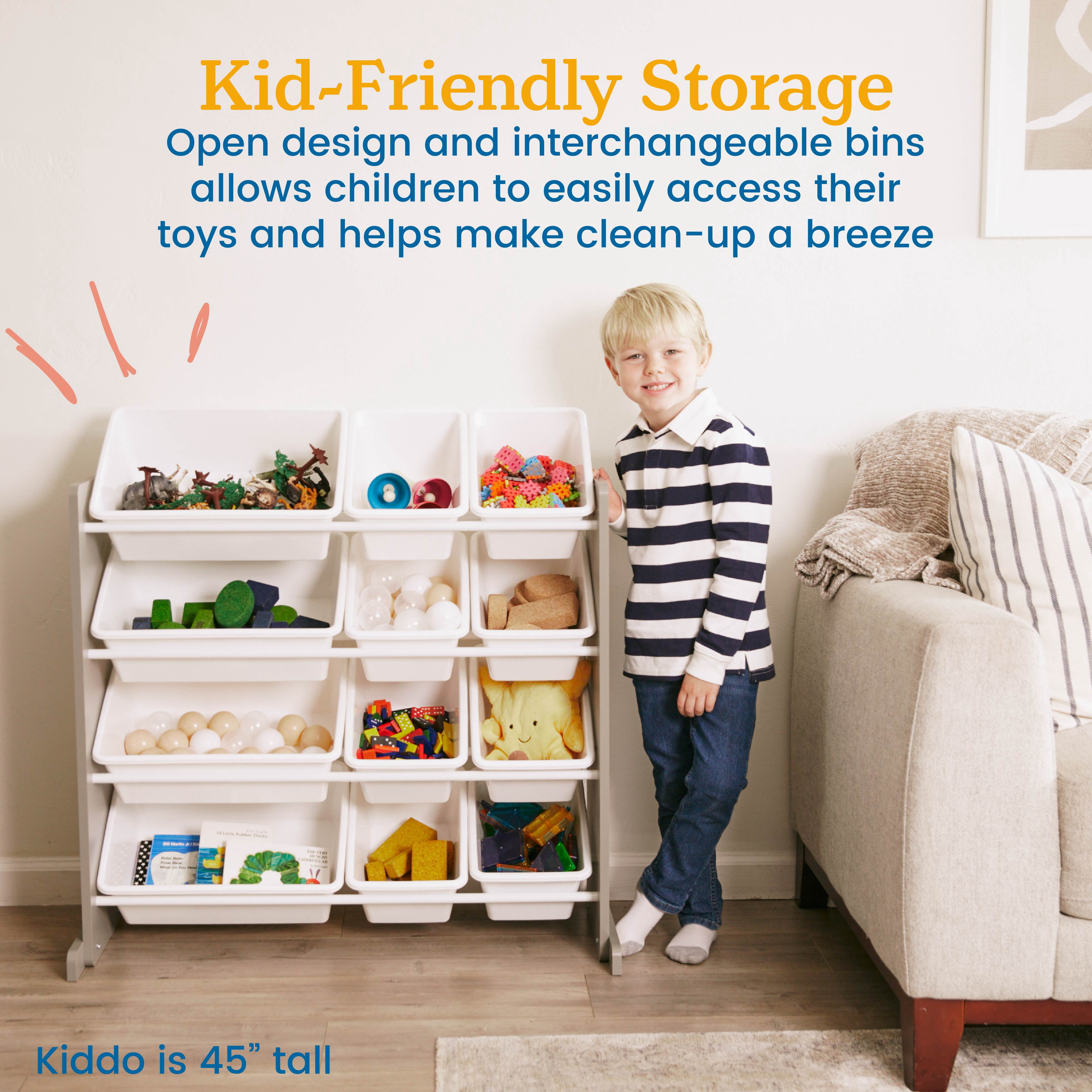 ECR4Kids 4-Tier Organizer with 12 Removable Plastic Bins, 4x3, Toy Storage, Grey/White