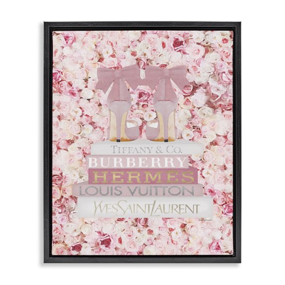 Stupell Industries Art Deco Pink Heel Bookstack over Roses Black Floating Frame Canvas Art, 17 x 21, by Amanda Greenwood