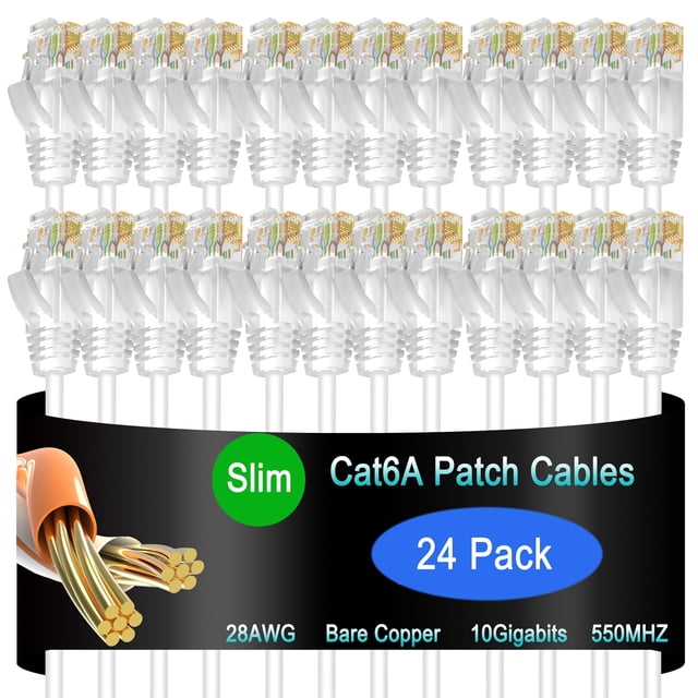 Cable de conexión Ethernet Lysymixs Cat6a Slim, 10 pies, 24 unidades, blanco