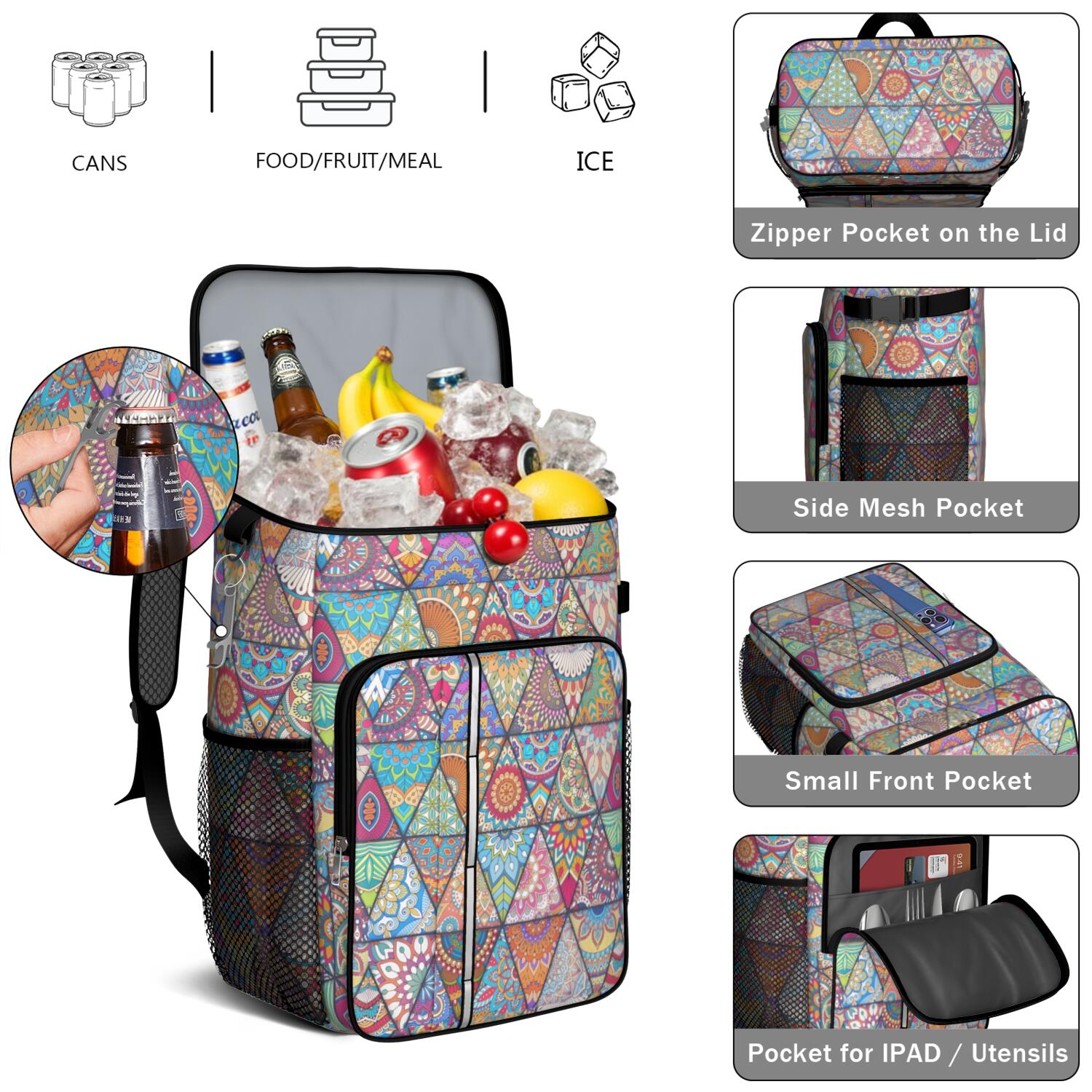 Travel Cooler Bag - Boho Bohemia Flower Camping Beer Cooler Backpack with Bottle Opener- Waterproof Insulated Picnic Backpacks - Cooler Bag for Beach