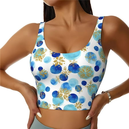 Adobk Golden Blue Snowflakes Print Sports Bras for Women Longline Workout Crop Tank Tops Padded with Built in Shelf Padded Sports Bra-XX-Large