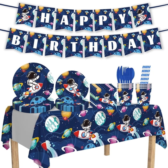 Astronaut Space Happy Birthday Party Tableware- Serves 10, Includes 7/9 Inch Plates, Cups, Napkins, Cutlery,“Happy Birthday” Banner & Tablecloth, Perfect for Kids’ Birthdays, Space Themed Parties