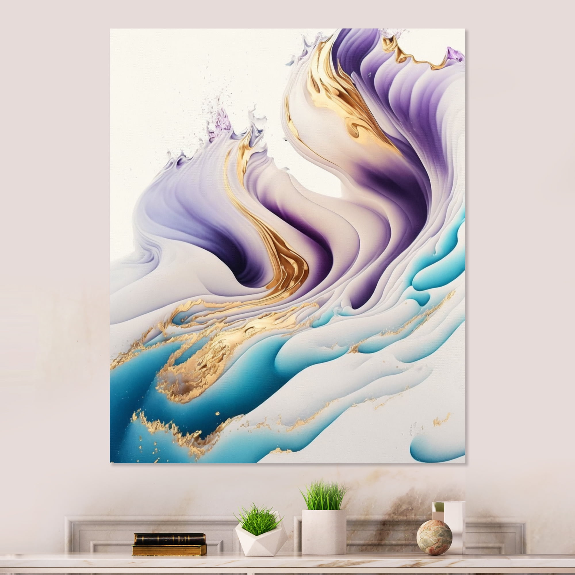 Designart Blue, Gold And Purple Abstract Waves IV Canvas Wall Art