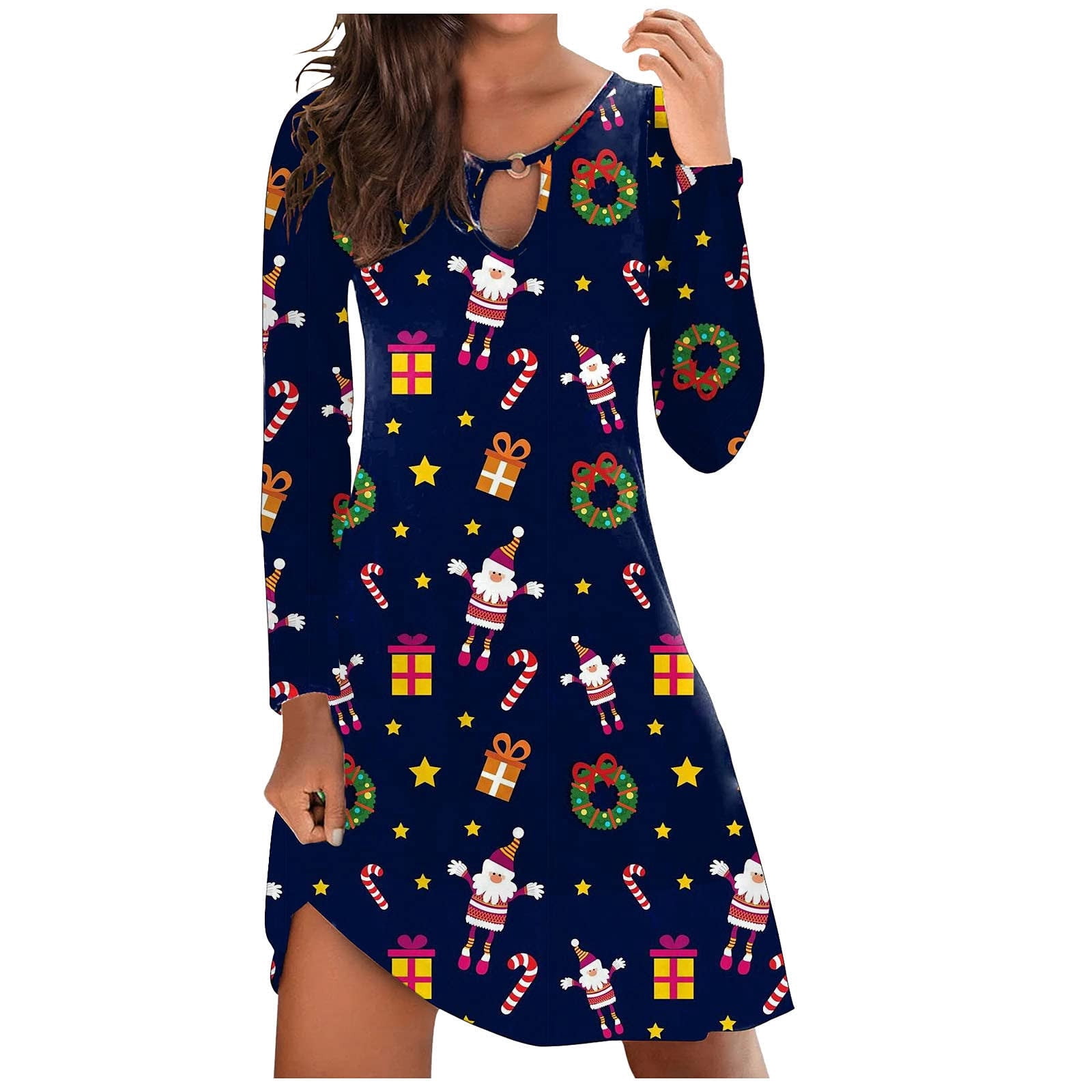 Aoochasliy Deals Christmas Dresses Women Long Sleeve Dress Xmas Santa