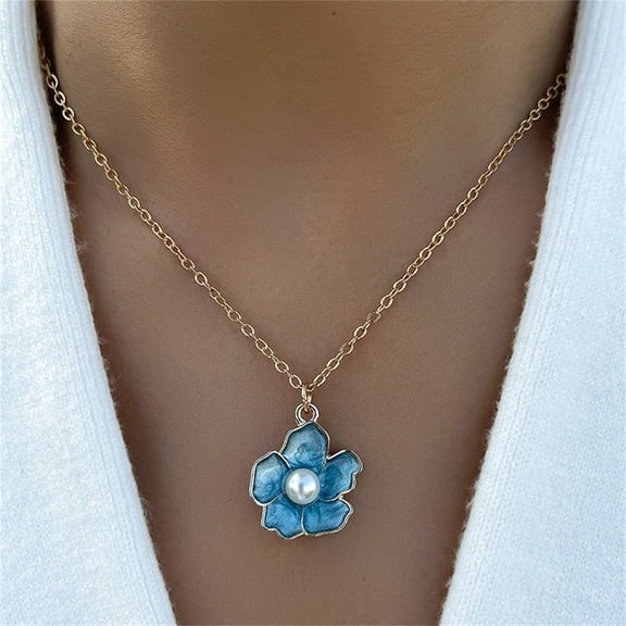 Dademeo Valentines Day Gifts Tiny Blue Flower Charm Boho Pendant Necklace for Women Forget Me Not Flower Pendant Necklace for Her Girlfriend Wife Mom
