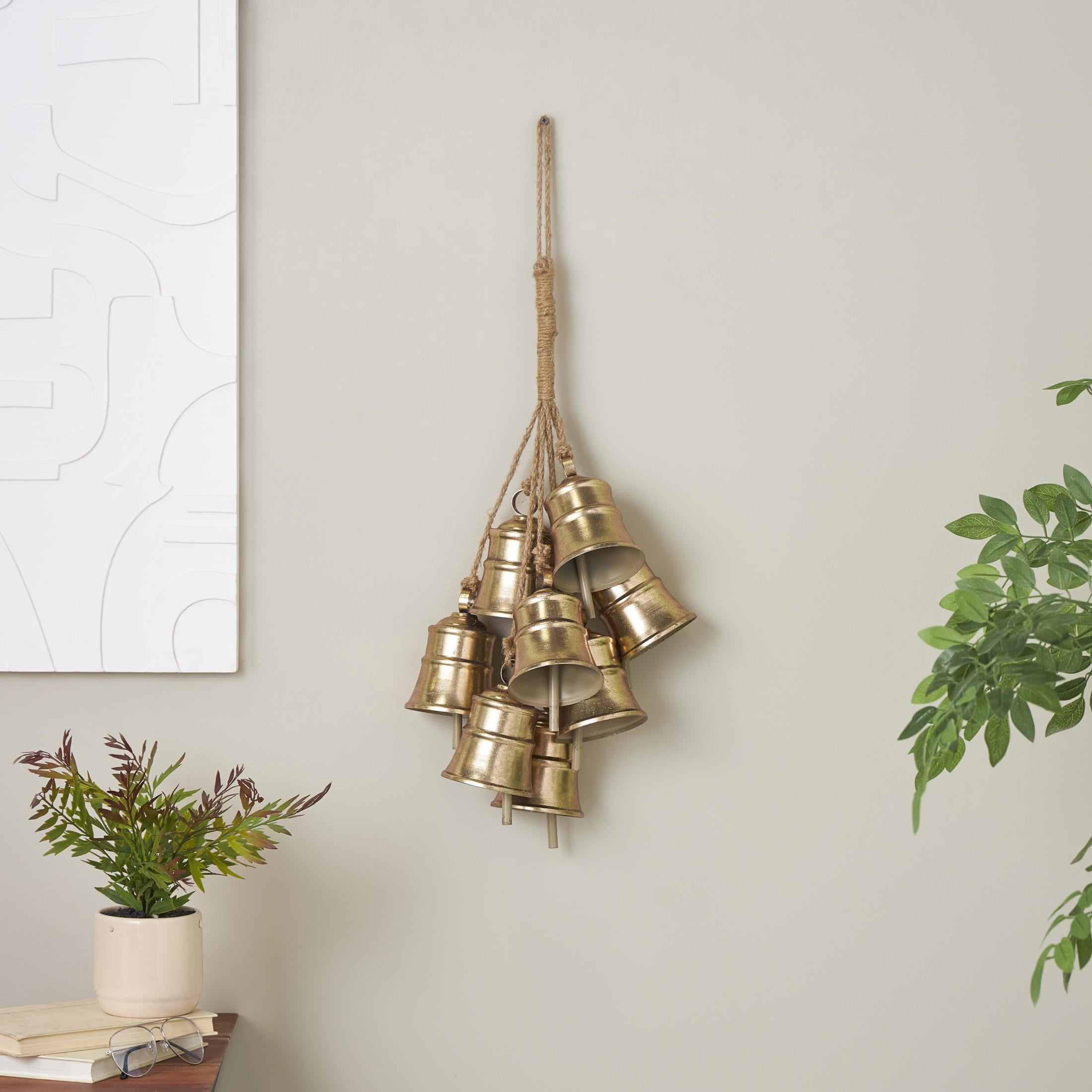 DecMode Tibetan Inspired Cascading Cluster Gold Metal Cluster Decorative Bells with 8 Bells on Jute Hanging Rope