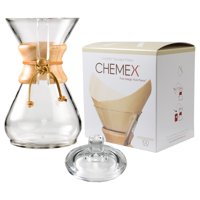 Chemex Classic Wood Collar and Tie Glass 40 Ounce Coffee Maker with Cover and 100 Count Bonded Unbleached Pre-Folded Square Coffee Filters