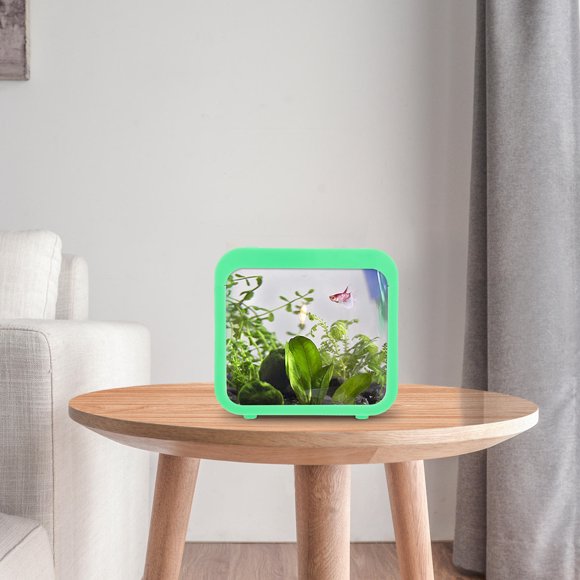 HOOWIFFY Green Small Fish Tank with Five Color Light for Living Room and Bedroom Decoration