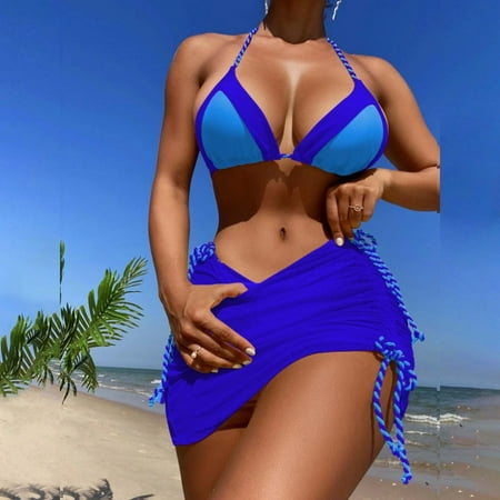 xIANGYUN String Bikini Swimsuit for Women String Bikini Women Bikini Set Thong Bikini Women s Three High Waisted Bikini Sets Sporty Skirt Swimsuit High Cut Bathing Suits Blue S