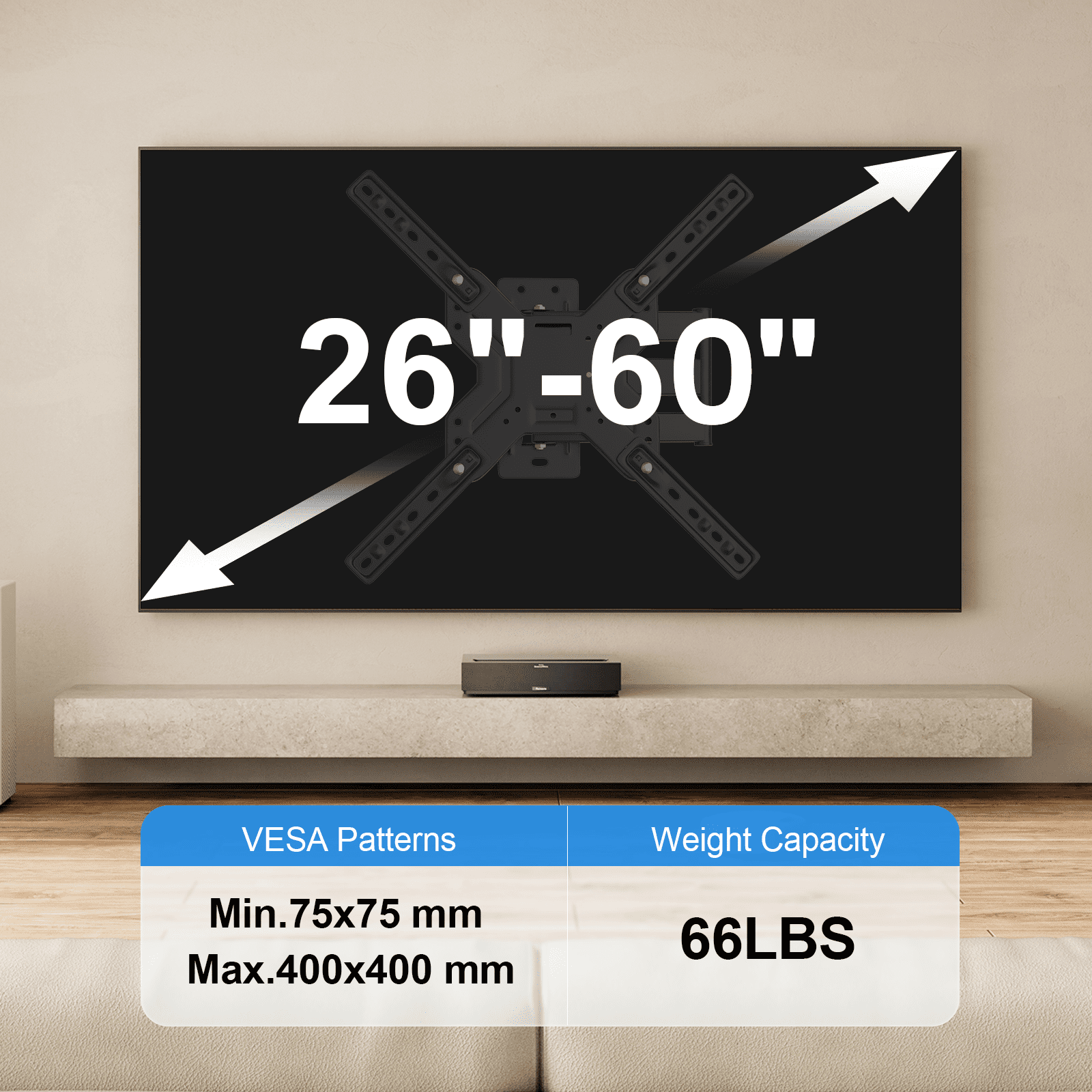 PL-443 Full Motion TV Wall Mount - Landscape To Portrait Rotation, Extends 15", Fits 13-55" TVs Up To 44lbs