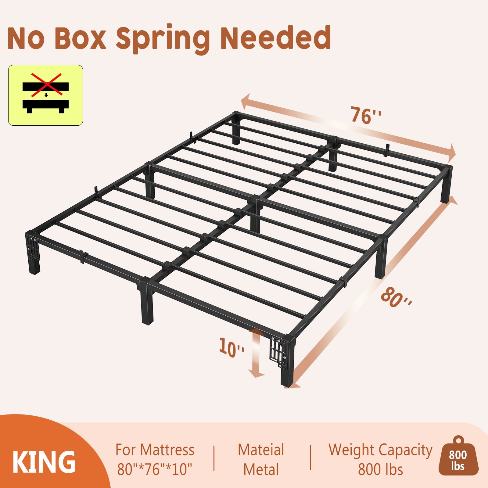 King Size 10" High Platform Bed Frame, Heavy Duty Steel Slat Support with Underbed Storage, 800 lb Capacity, No Box Spring, Tool-Free No-Screws Assembly, Easy Setup (Black)