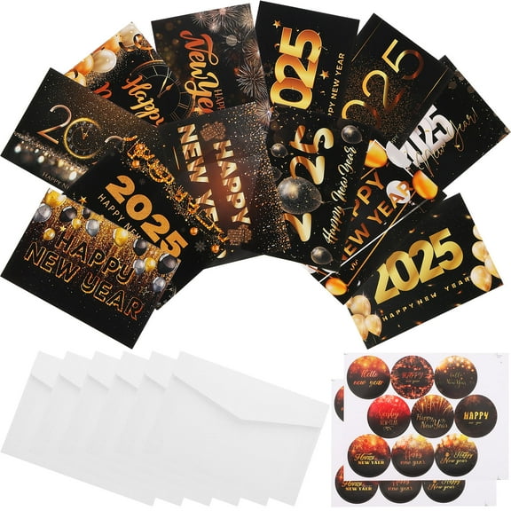 Supvox 1Set Happy New Year Greeting Card Set with Envelopes Stickers Blank for Seasonal Messages