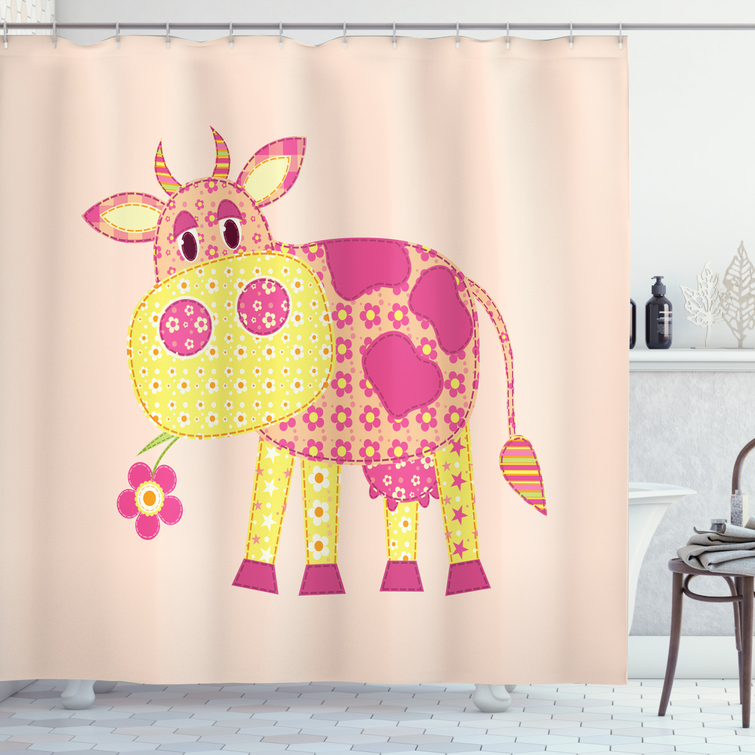 Cattle Shower Curtain, Childish Patchwork Style Cow Animal Eating Foliage Daisy Digital