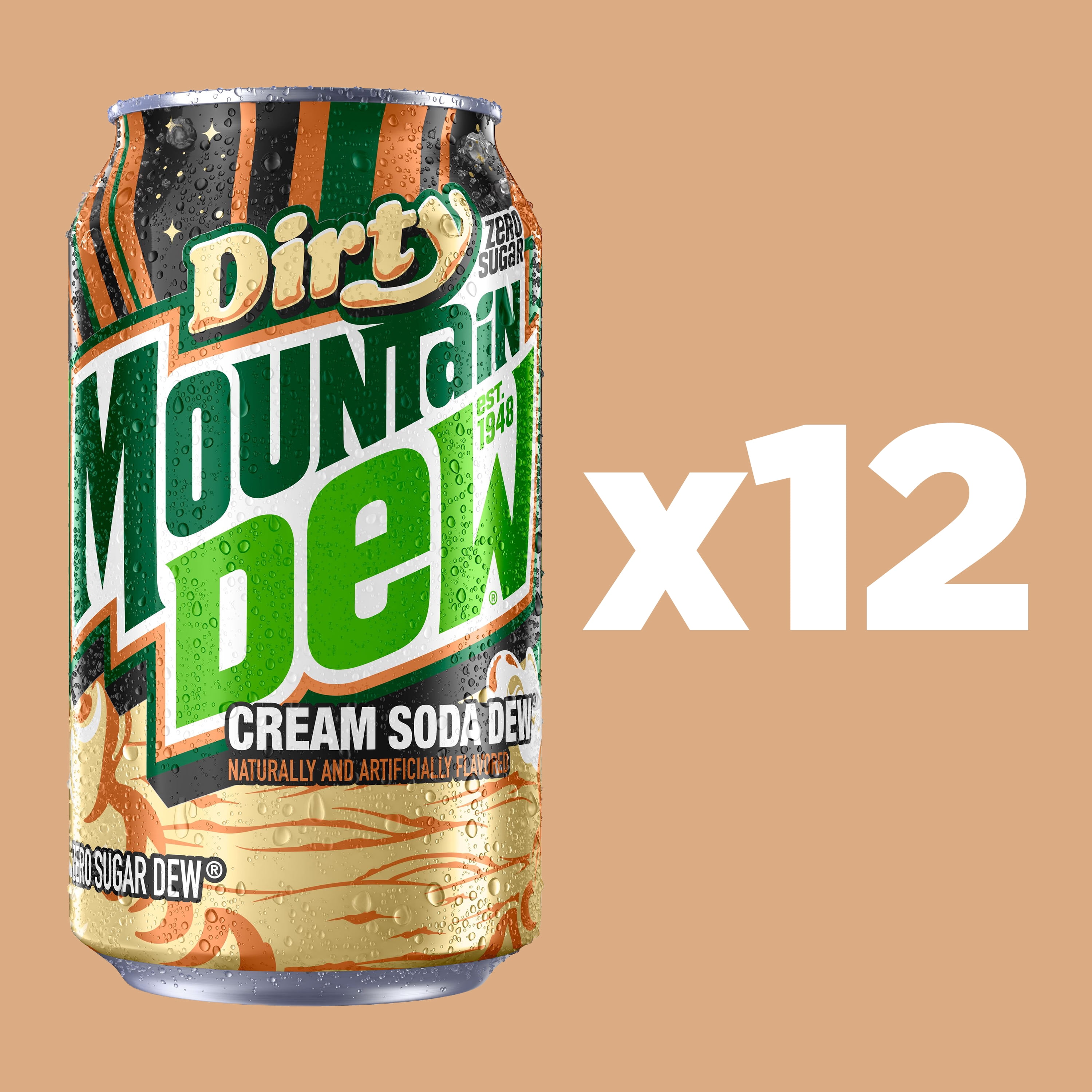 Mountain Dew Dirty Dew Cream Soda, Zero Sugar, 12 fl oz cans, 12 pack