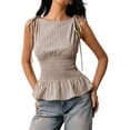 thumbnail image 2 of Women's Gingham Peplum Tank Tops Summer Tie Shoulder Sleeveless Cute Y2k Going Out Tops Khaki M, 2 of 6
