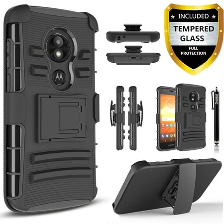 Moto E5 Play Case, Dual Layers [Combo Holster] And Built-In Kickstand Bundled with [Temerped Glass Screen Protector] Hybird Shockproof And Circlemalls Stylus Pen