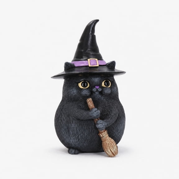 Yashow Elite Halloween Black Cat Figurine with Witch Hat Broom, Cute Spooky Resin Tabletop Decor, Tiered Tray Centerpiece Accent for Shelf Home Desk Indoor Seasonal Display