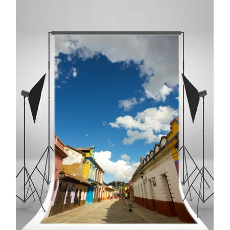 HelloDecor Polyster 5x7ft Nature Landscape Backdrop Two Row House Small Town Narrow Street Sunshine Blue Sky White Cloud Spring Travel Photography Background Kids Adults Photo Studio (Best Small Camera For Travel Photography)