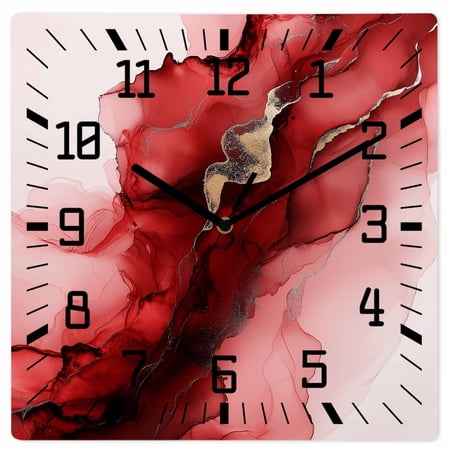Red Marble Wooden Wall Clock Silent Non Ticking, Modern Ombre Abstract Ink Painting Art Square Wall Clocks Battery Operated, Decor Clock for Home Office, Living Room, Kitchen, 12 Inch