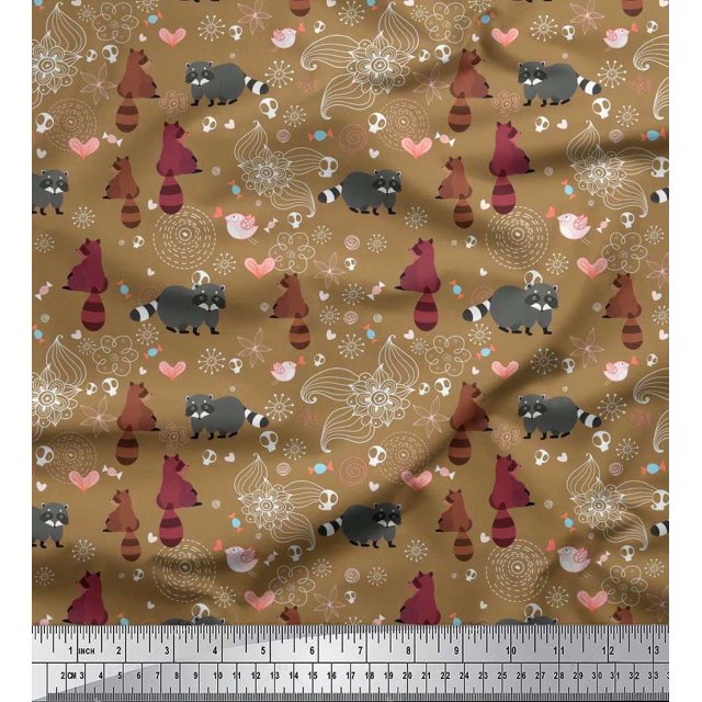 Soimoi Cotton Voile Fabric Bird,Floral & Racoon Cartoon Print Fabric by The Yard 56 Inch Wide