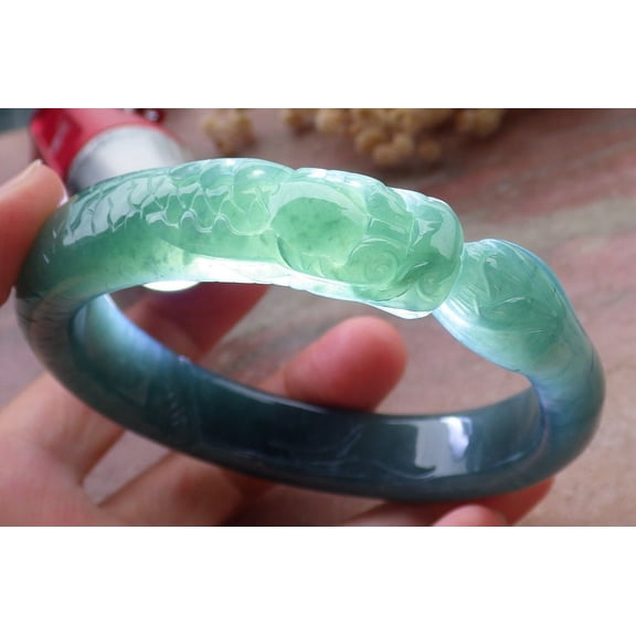 Certified Icy Green Burma 100% Natural A JADE Jadeite Dragon Bangle Bracelet 64 mm 658676 TN