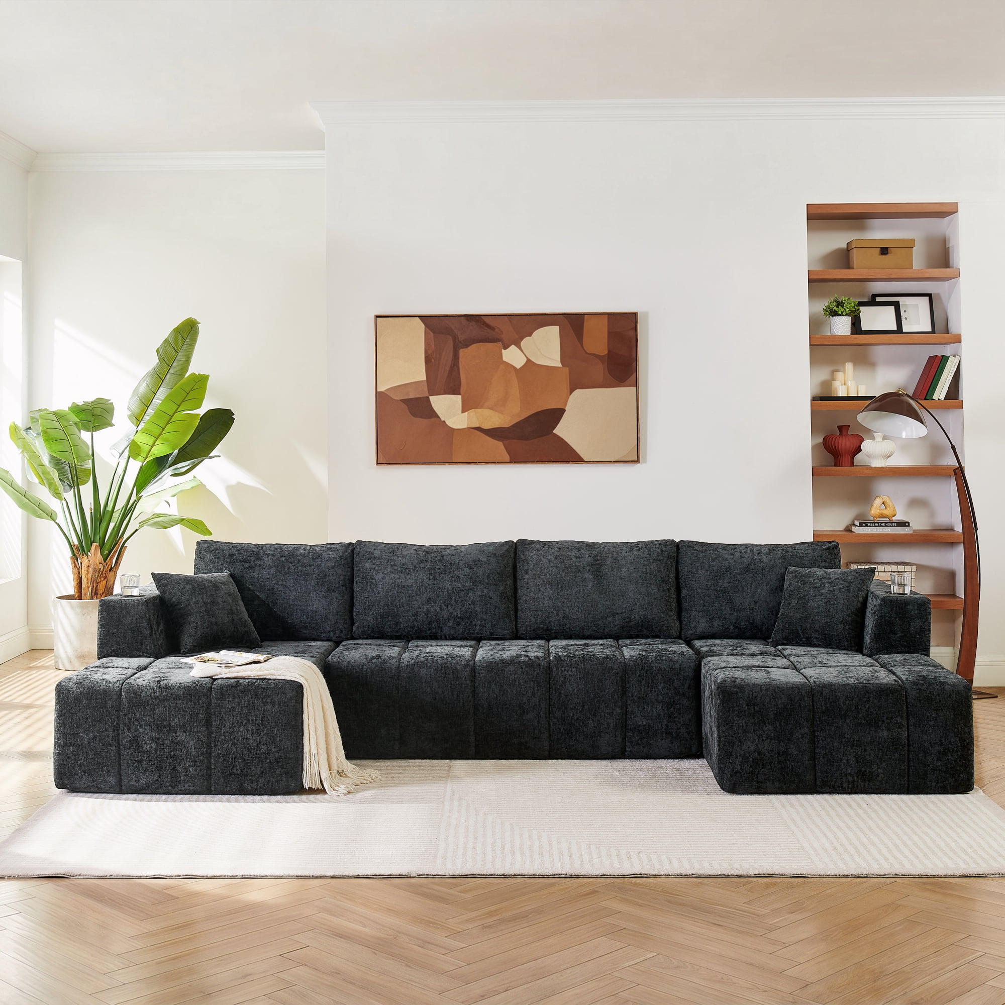 Leumius 132" U-Shaped Chenille Sofa, Cloud Style Boneless Sofa with Lounges, Modern Upholstered Couch with Cup Holders & Side Pockets, Compression Sofa for Living Room, No Assembly Required, Black