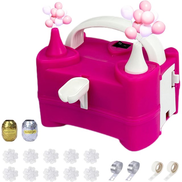 Electric Balloon Pump Kit, Portable Dual Nozzle Balloon Inflator with Tying Tool Flower Clips, Tape Strip, Colored Ribbon, Dot Glues, 110v 600w Air Pump for Party Birthday Decoration