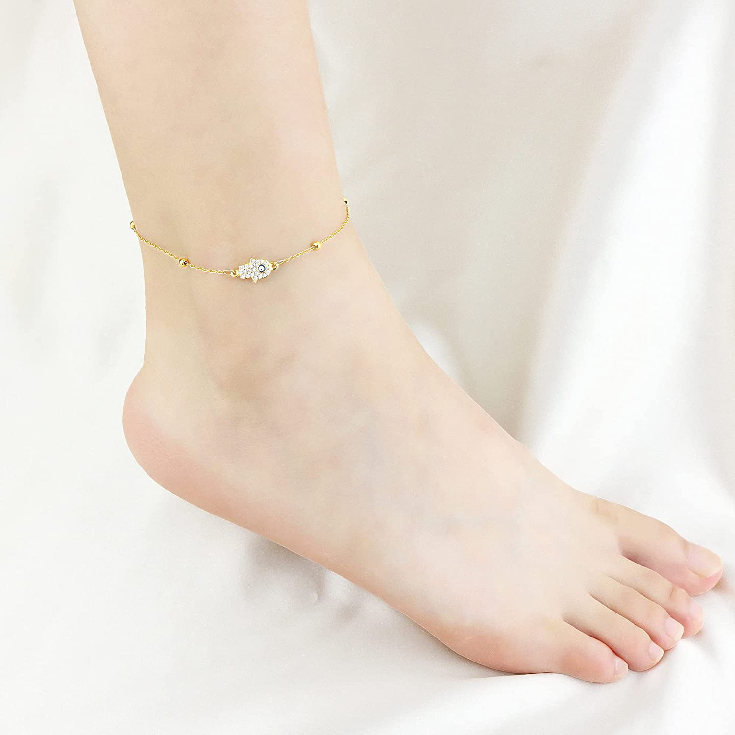 Evil Eye Anklet 14K Gold Plated Ankle Bracelet Bobo Beach Foot Jewelry Gift for Women 
