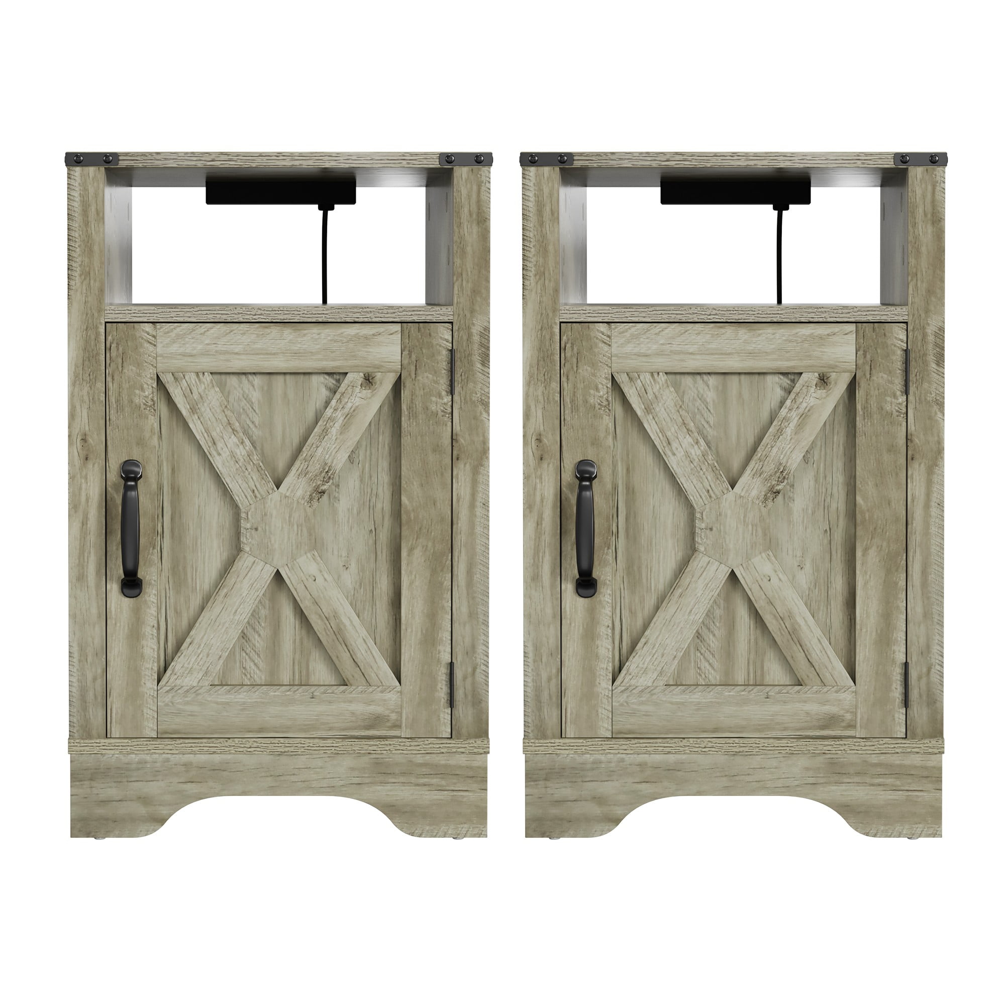 Kepooman Nightstand, Set of 2 Industrial Nightstand Side Table End Table with X Design Glass Door, Wood Bedside Tables for Bedroom, Light Gray Kepooman Nightstand, Set of 2 Industrial Nightstand Side Table End Table with X Design Glass Door, Wood Bedside Tables for Bedroom, Light Gray