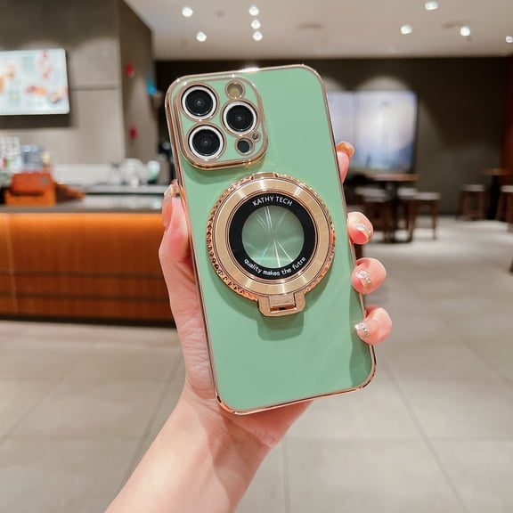 Magnetic Phone Cover for iPhone 14 Pro Plating Diamond Rotatable Stand Soft TPU Plain Thin Fit Solid Color Phone Case for iPhone 14 Pro for Women Girls or Men, Green