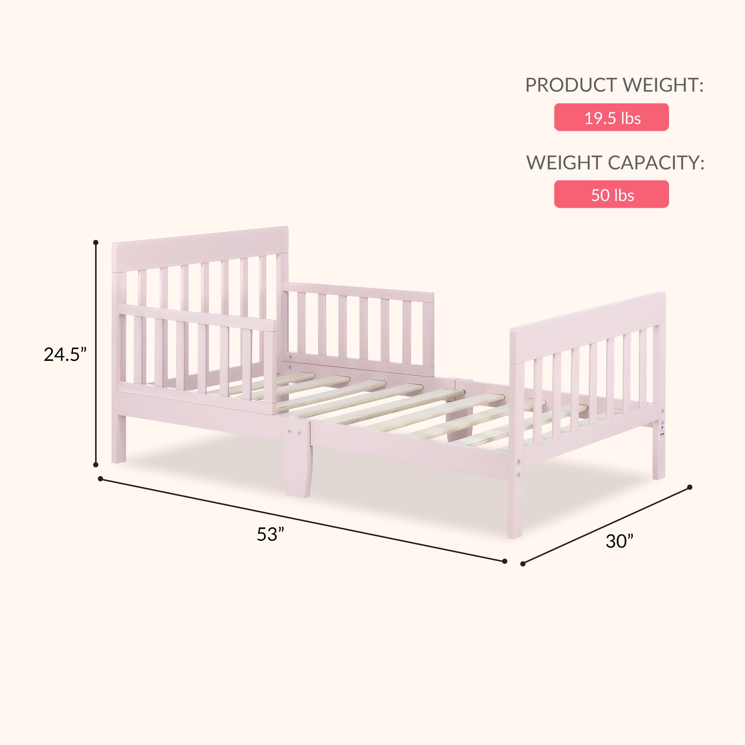 Dream On Me Finn Pink Toddler Bed, New Zealand Pinewood, JPMA Certified