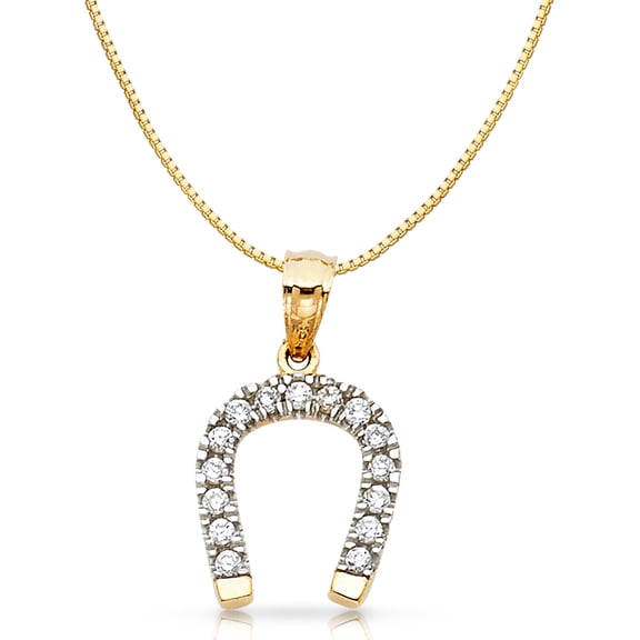 14K Yellow Solid Gold Cubic Zirconia CZ Lucky Horseshoe Charm Pendant with 1mm Box Chain Necklace
