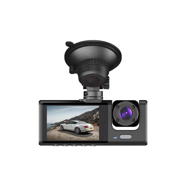 Grabadora de conducción de tres lentes y tres vías IPS de 2 pulgadas con visión nocturna, gran angular, 1080p, vista frontal y marcha atrás del automóvil
