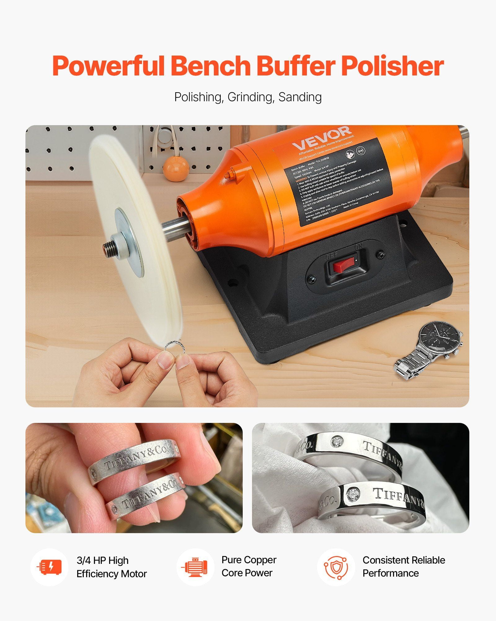 Professional 8" Bench Buffer Machine, 3/4 HP 3450RPM, for Polishing Metal, Automotive, Wood, and Jewelry